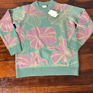Rareism Lakent Hibiscus Floral Knit Sweater Blue Pink XS New